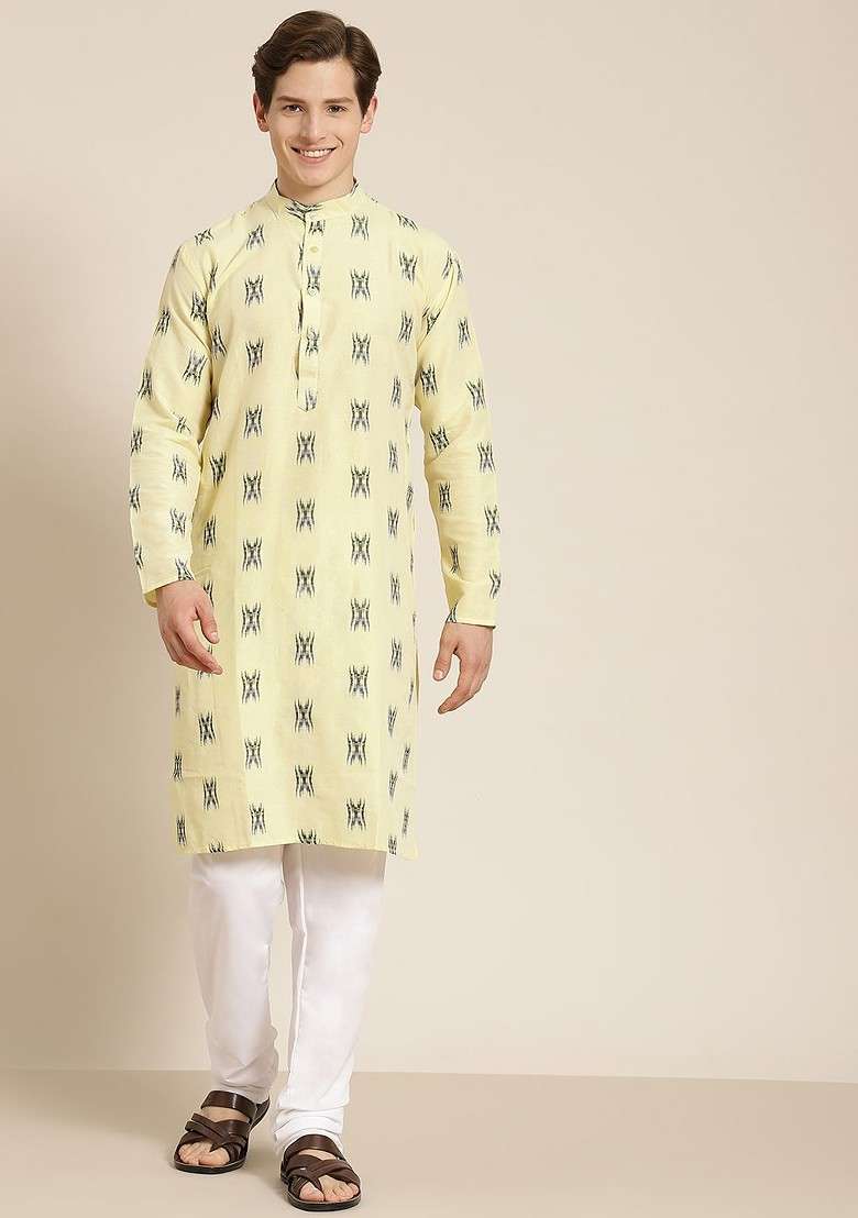 Yellow Solid Cotton Kurta Set For Men - Indya