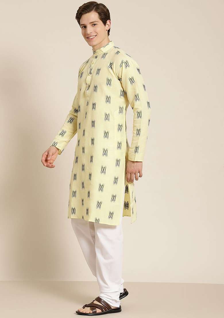Yellow Solid Cotton Kurta Set For Men - Indya