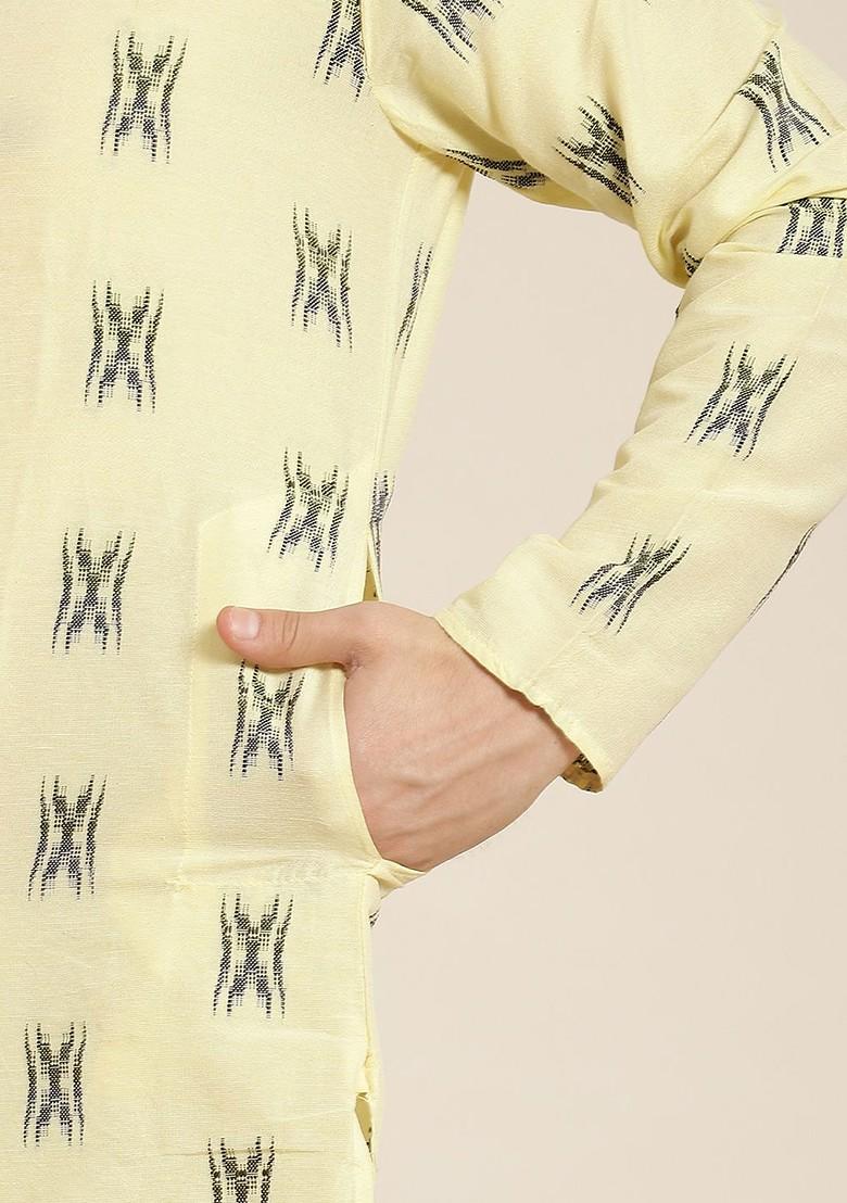 Yellow Solid Cotton Kurta Set For Men