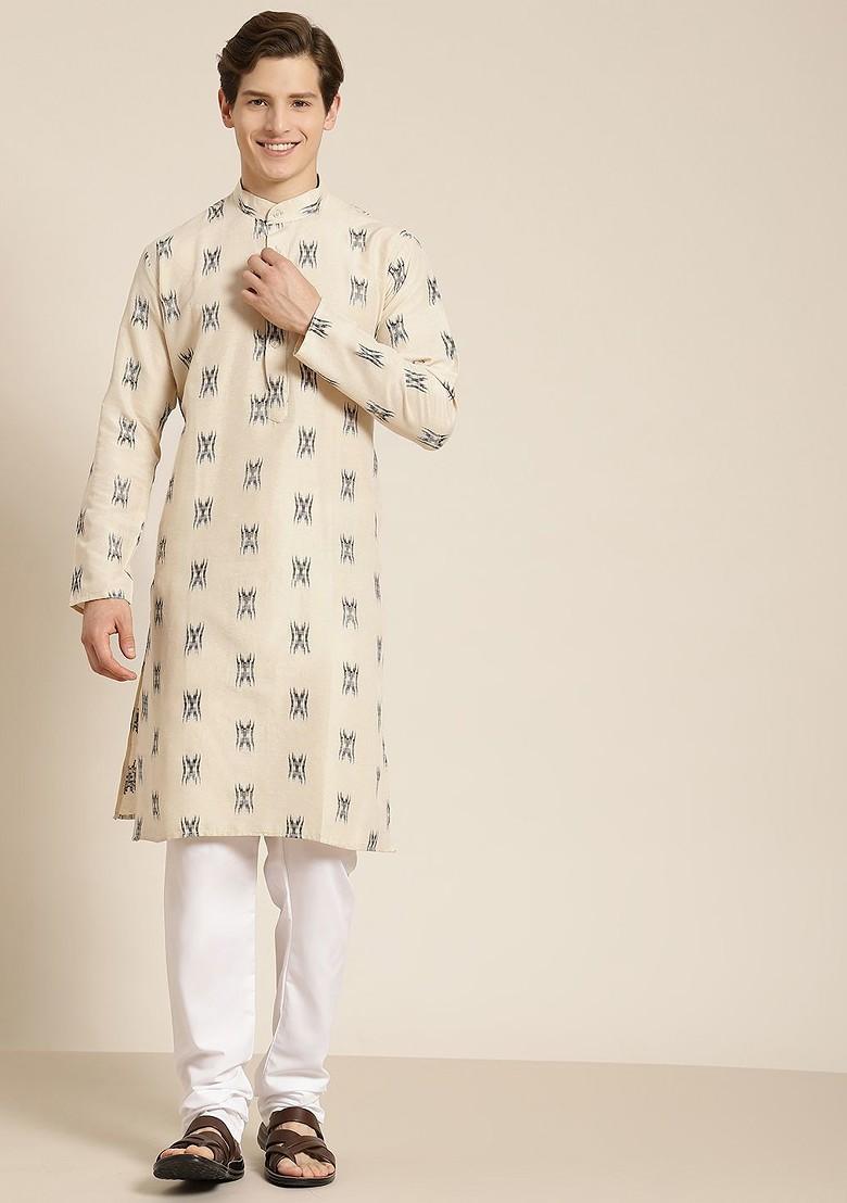 Beige Solid Cotton Kurta Set For Men