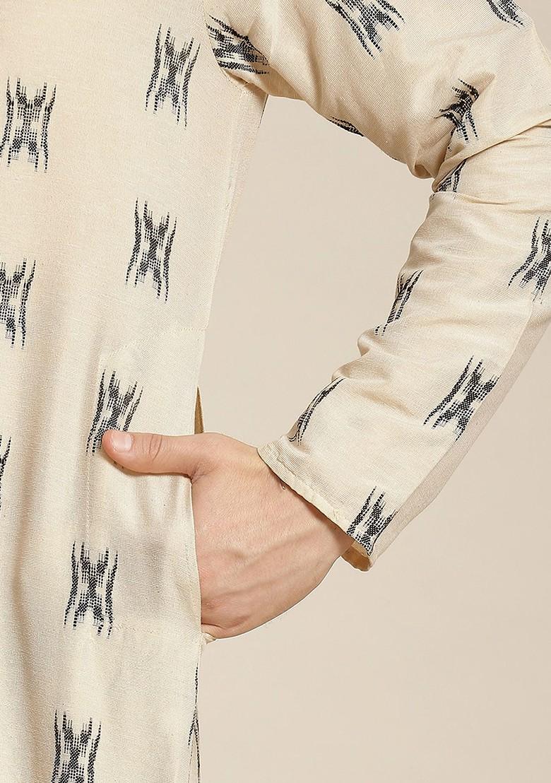 Beige Solid Cotton Kurta Set For Men