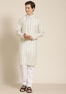 Cream Striped Cotton Kurta Set For Men