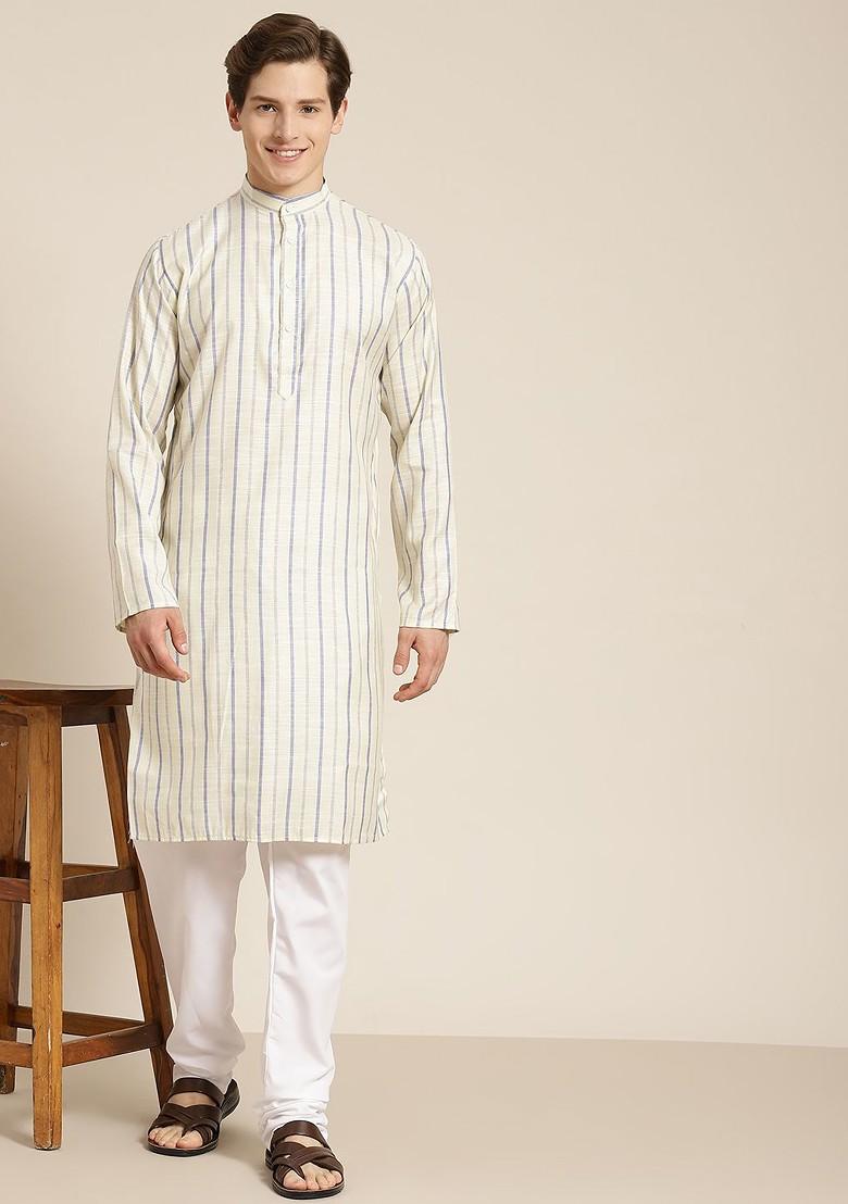 Cream Striped Cotton Kurta Set For Men