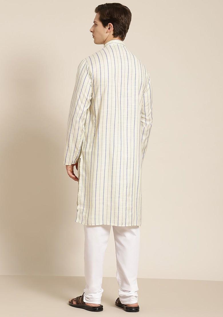 Cream Striped Cotton Kurta Set For Men
