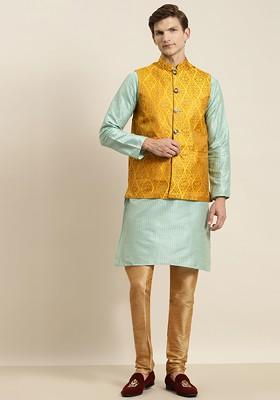 Sea Green Striped Poly Blend Kurta Set For Men