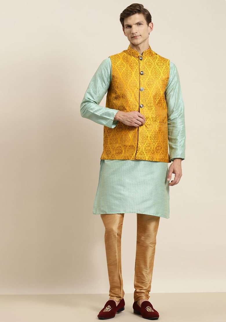 Sea Green Striped Poly Blend Kurta Set For Men - Indya
