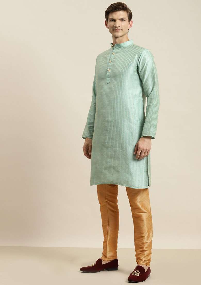 Sea Green Striped Poly Blend Kurta Set For Men - Indya