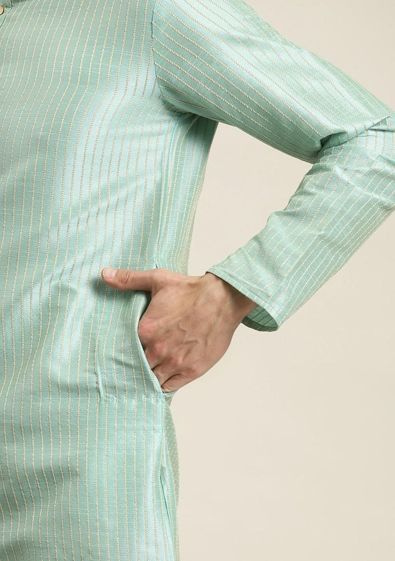 Sea Green Striped Poly Blend Kurta Set For Men
