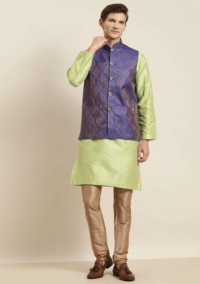 Lime Green Striped Poly Blend Kurta Set For Men - Indya