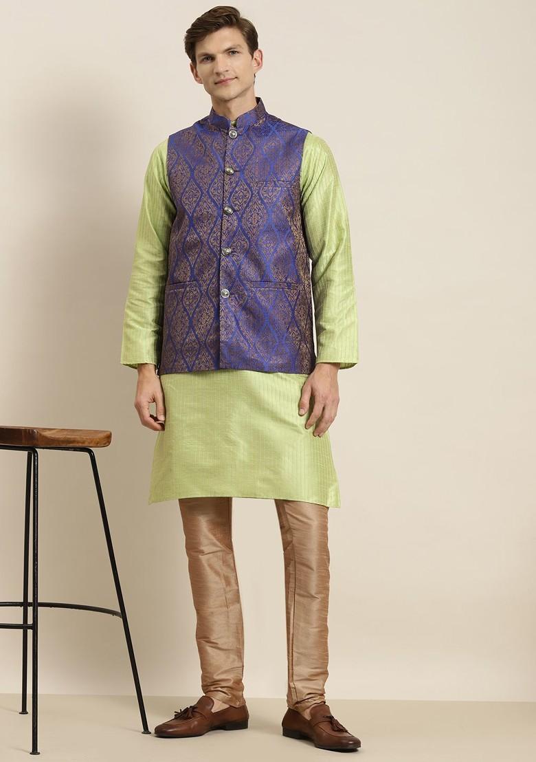 Lime Green Striped Poly Blend Kurta Set For Men