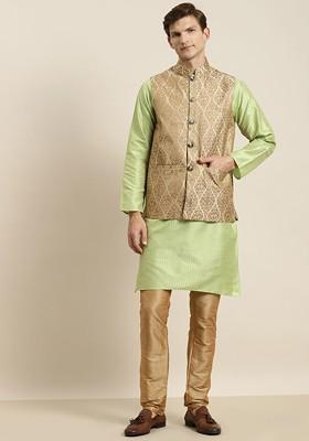 Green Striped Poly Blend Kurta Set For Men