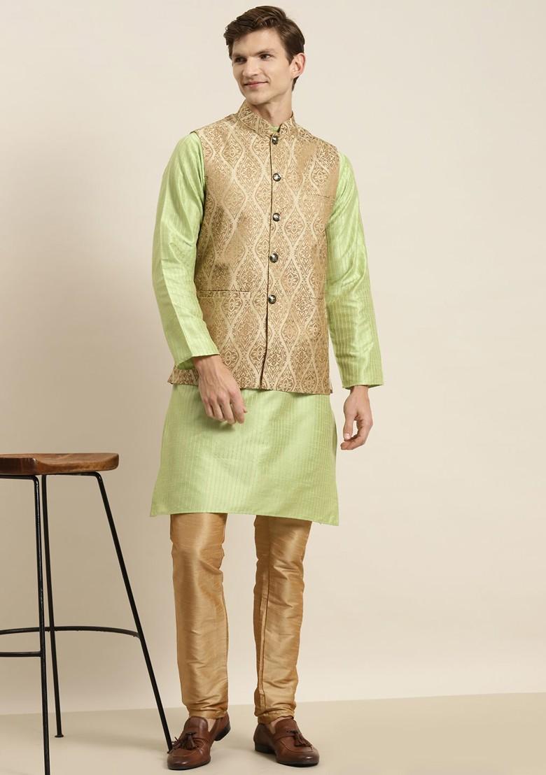 Green Striped Poly Blend Kurta Set For Men