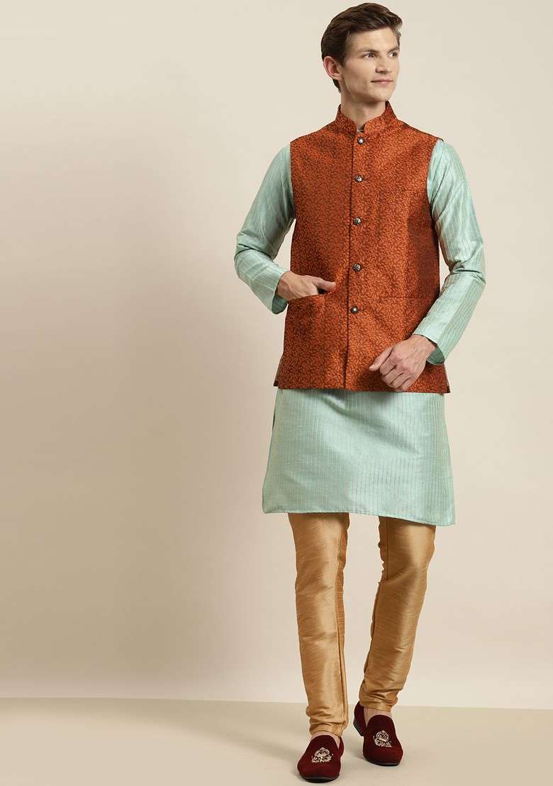Sea Green Striped Poly Blend Kurta Set For Men - Indya