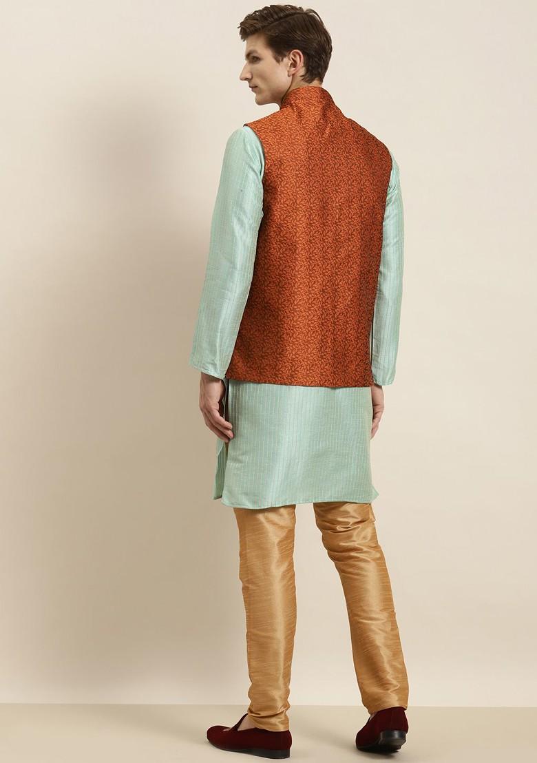 Sea Green Striped Poly Blend Kurta Set For Men