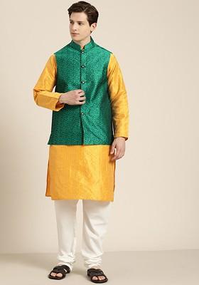Mustard Striped Poly Blend Kurta Set For Men