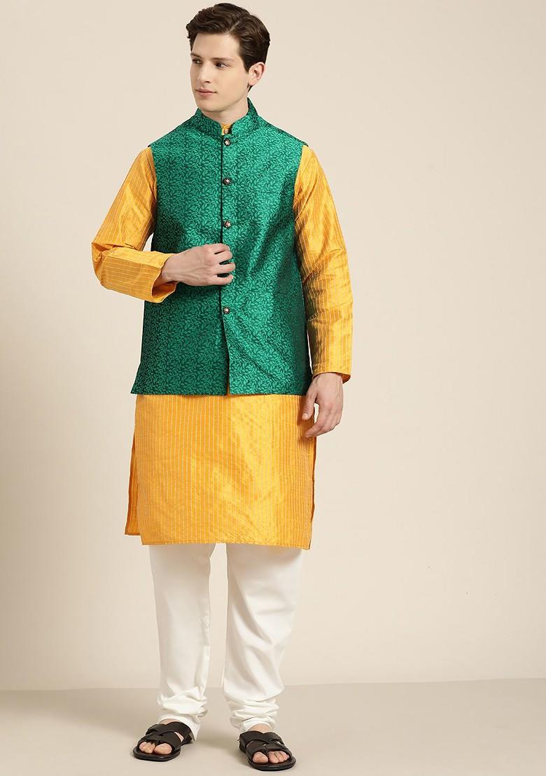 Mustard Striped Poly Blend Kurta Set For Men