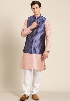 Pink Thread Work Poly Blend Kurta Set For Men