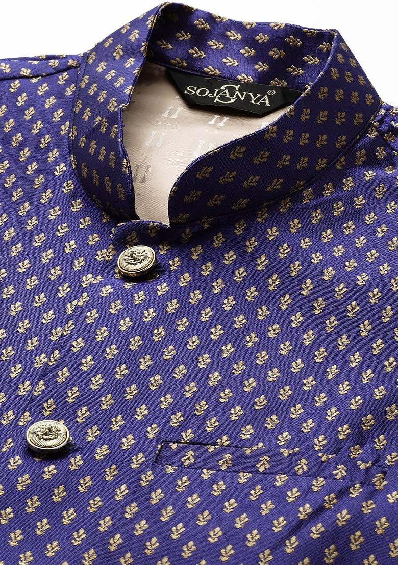 Pink Thread Work Poly Blend Kurta Set For Men