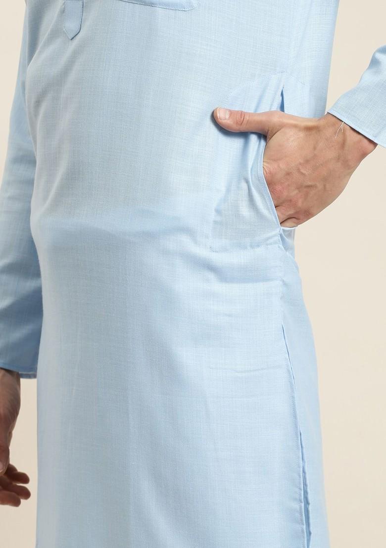Blue Solid Poly Blend Kurta Set For Men