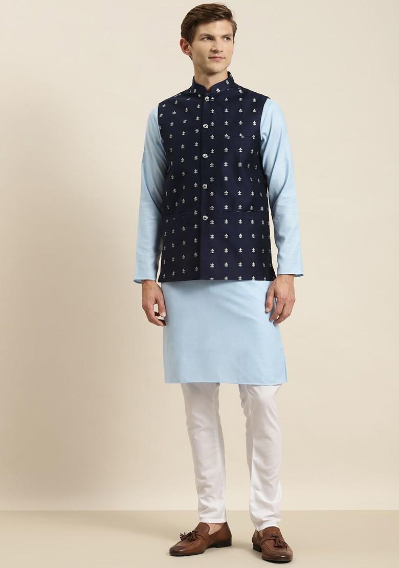 Blue Solid Poly Blend Kurta Set For Men