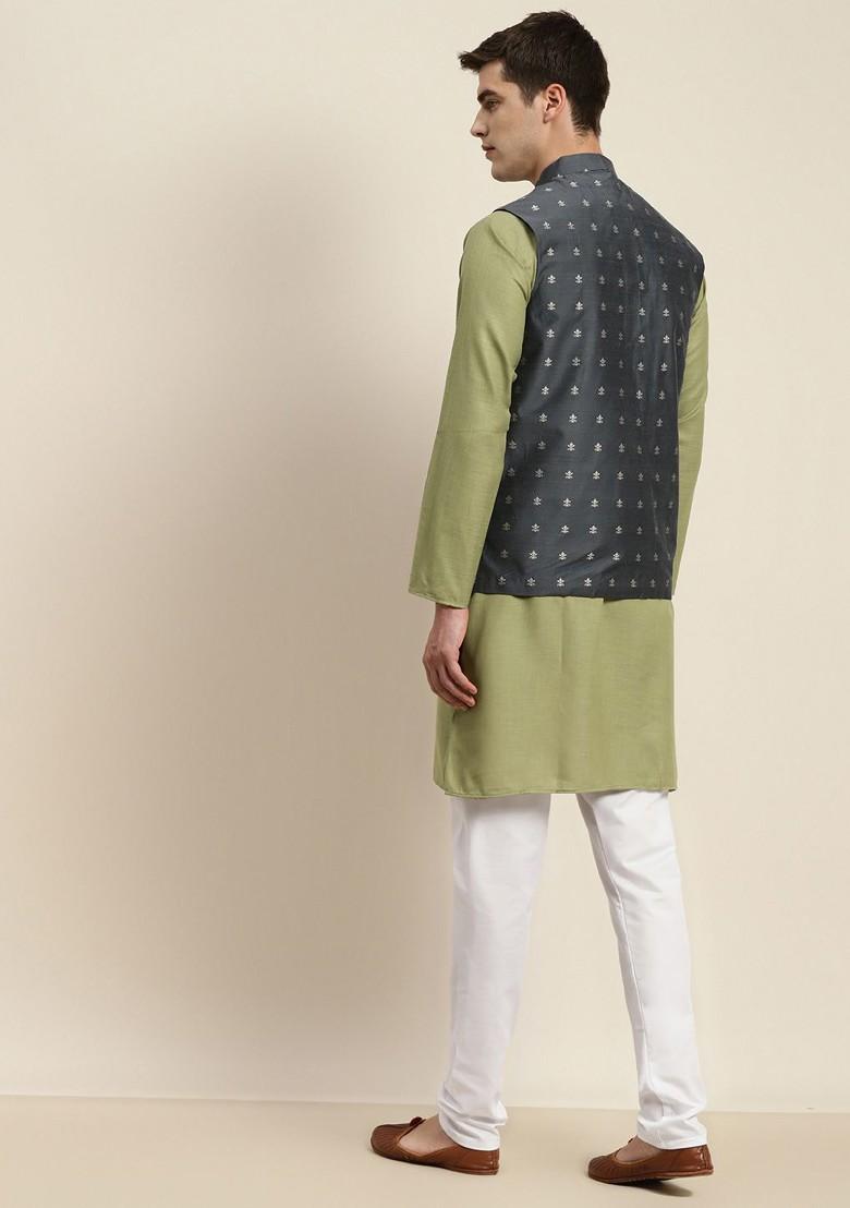 Green Solid Poly Blend Kurta Set For Men