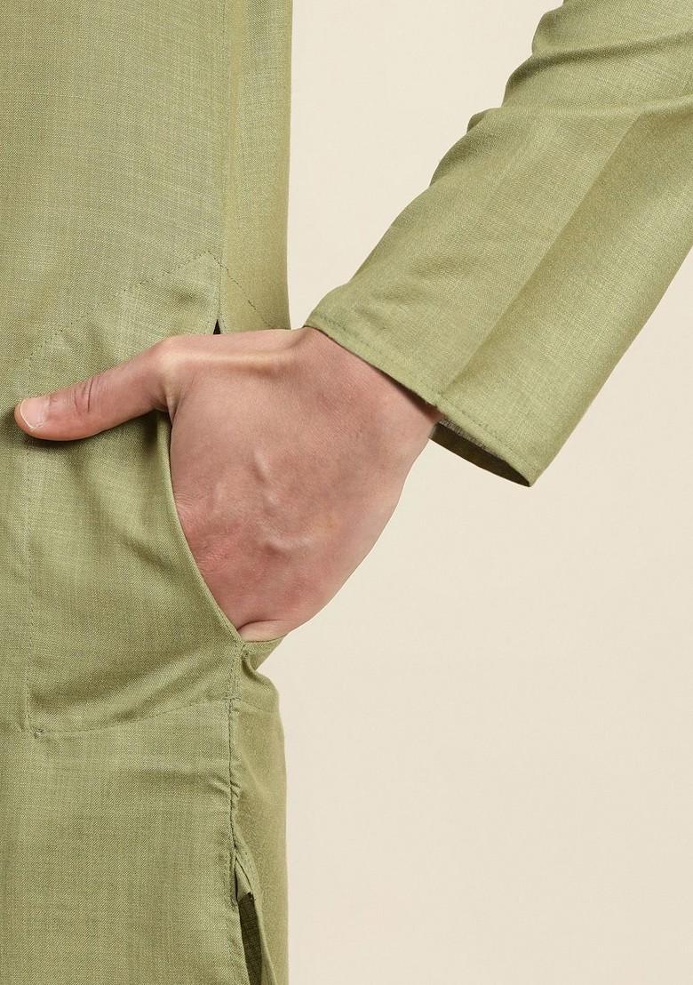 Green Solid Poly Blend Kurta Set For Men