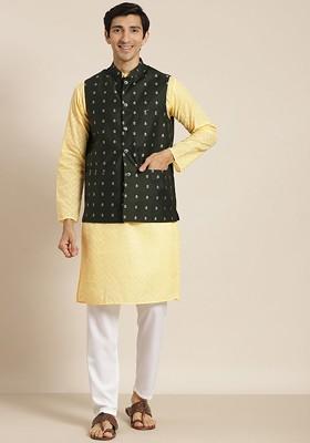 Yellow Chikankari Cotton Kurta Set For Men