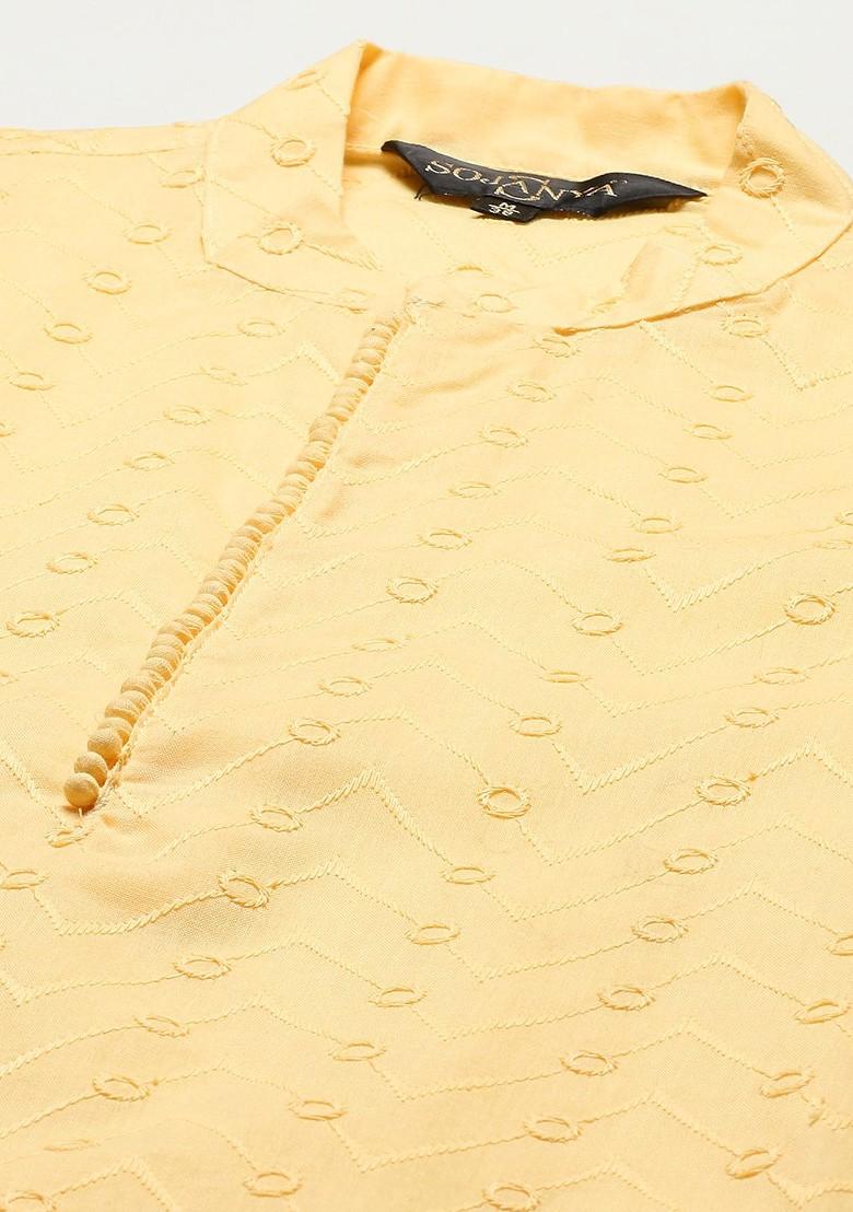 Yellow Chikankari Cotton Kurta Set For Men