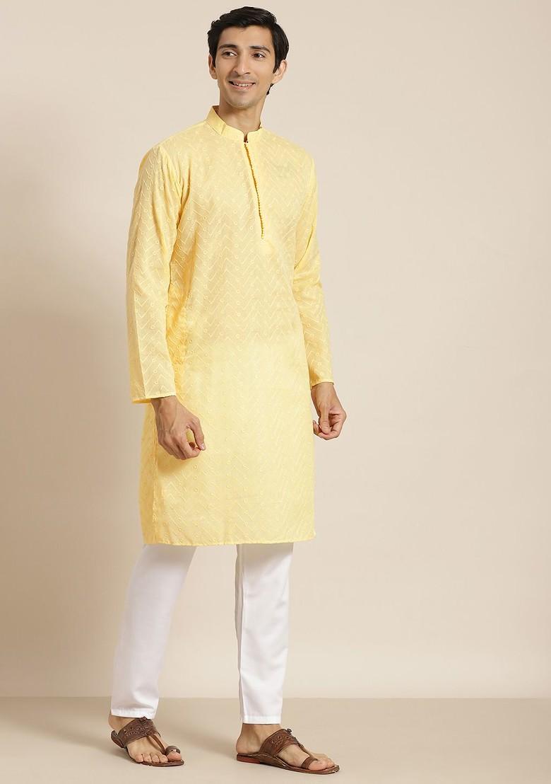 Yellow Chikankari Cotton Kurta Set For Men