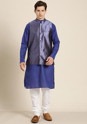 Blue Solid Cotton Kurta Set For Men