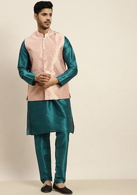 Teal Blue Solid Poly Blend Kurta Set For Men