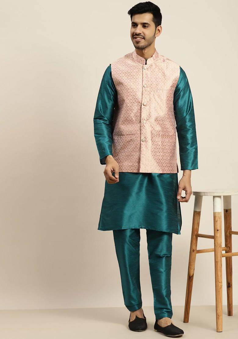 Teal Blue Solid Poly Blend Kurta Set For Men