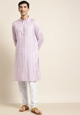 Pink Striped Poly Blend Kurta Set For Men