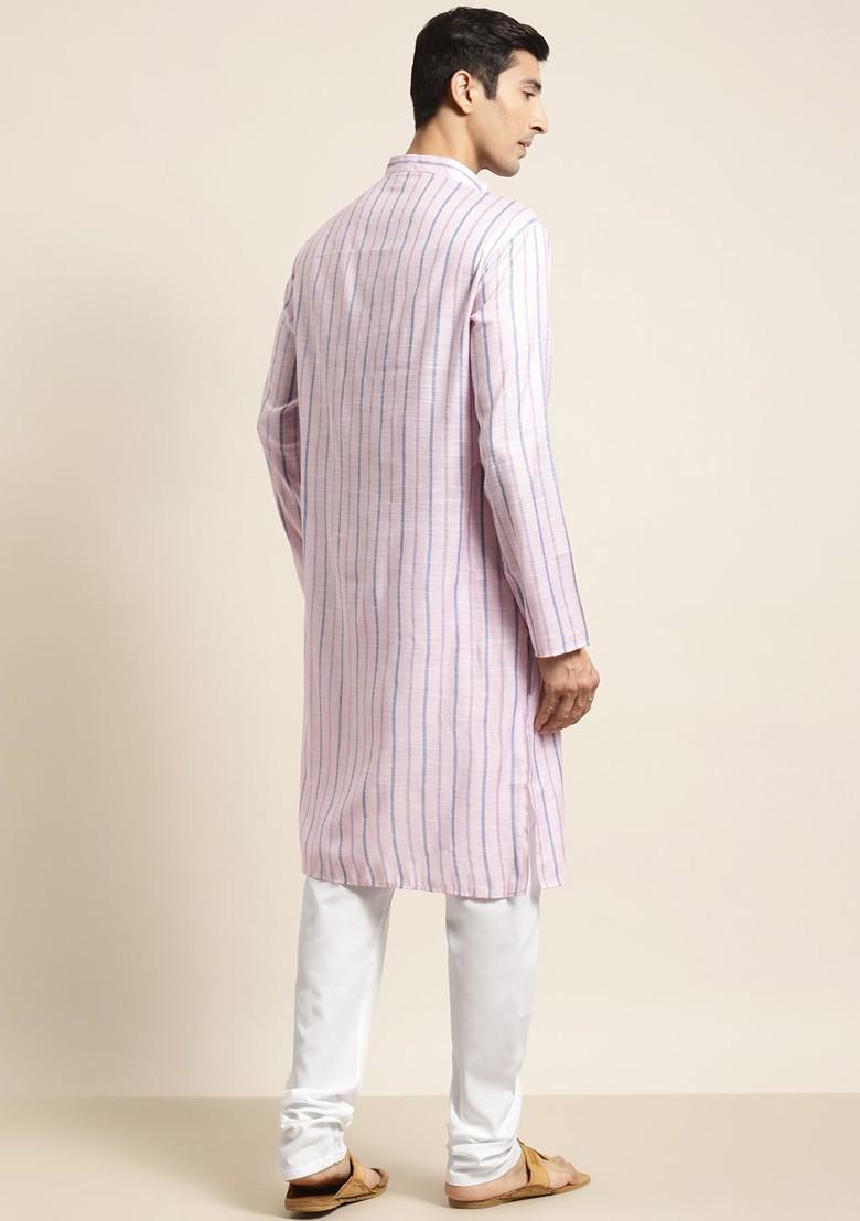 Pink Striped Poly Blend Kurta Set For Men