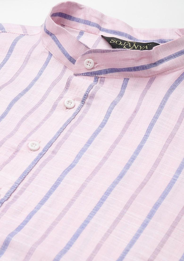 Pink Striped Poly Blend Kurta Set For Men