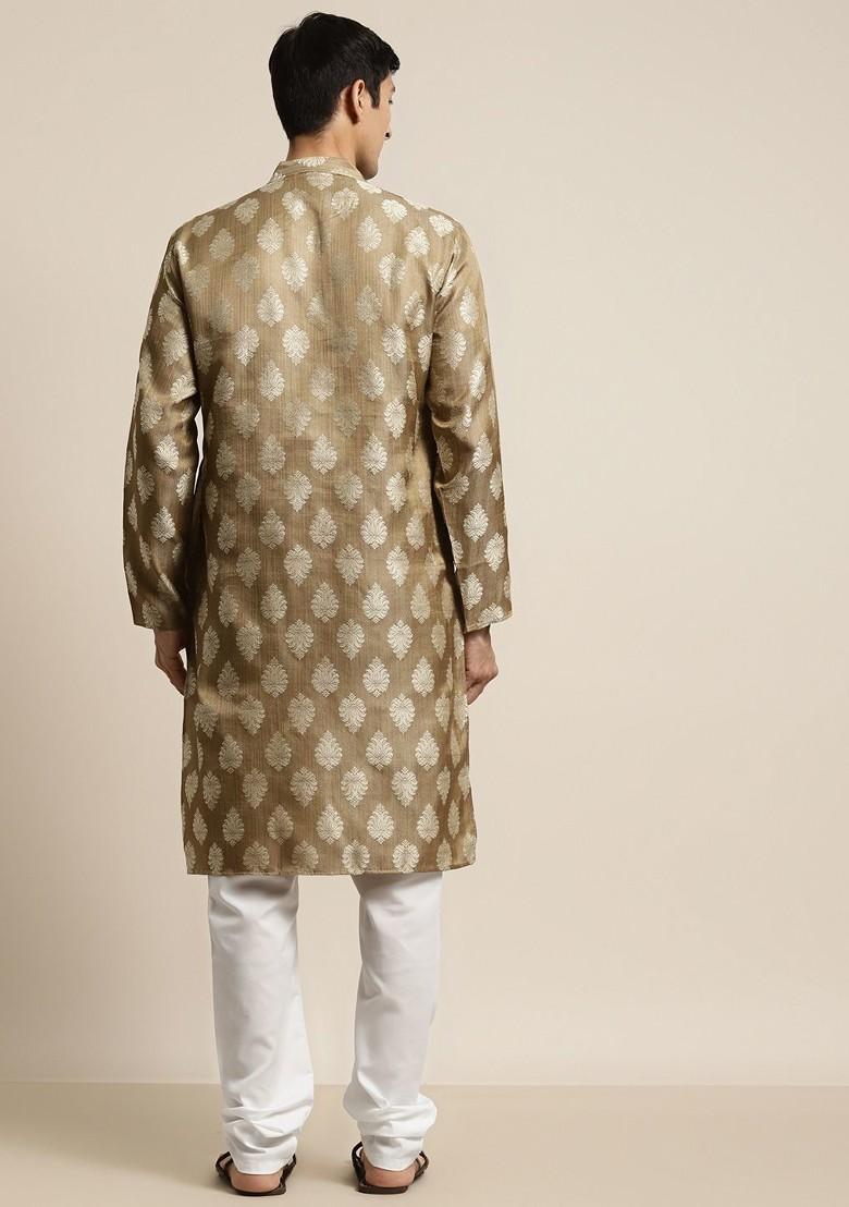 Brown Ethnic Motifs Jacquard Kurta Set For Men