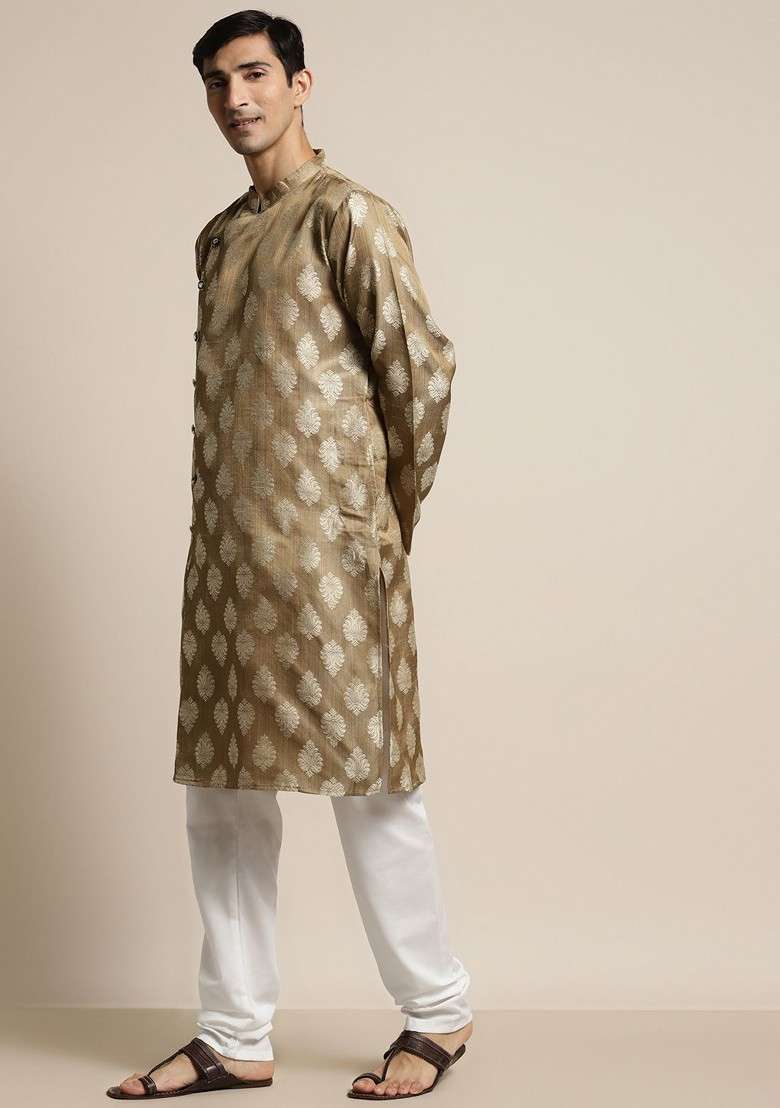 Brown Ethnic Motifs Jacquard Kurta Set For Men - Indya