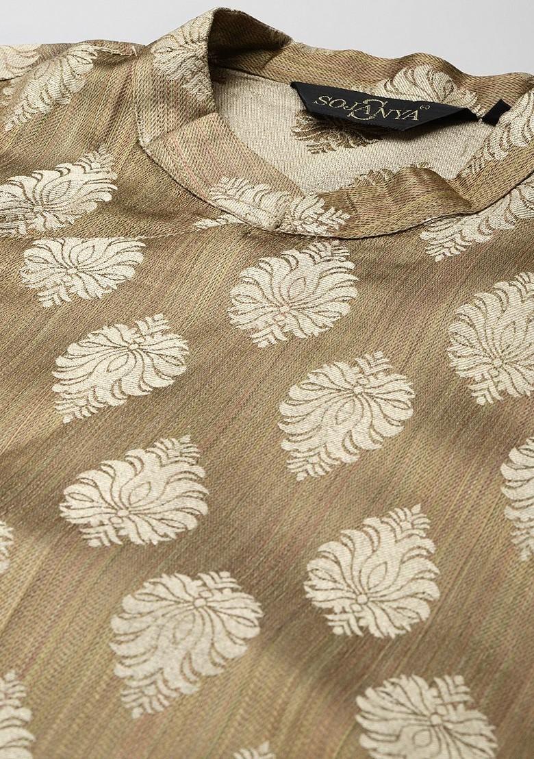 Brown Ethnic Motifs Jacquard Kurta Set For Men