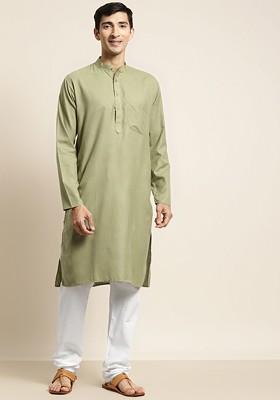 Green Solid Cotton Kurta Set For Men