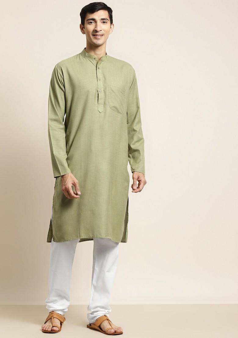 Green Solid Cotton Kurta Set For Men