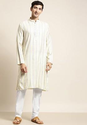 Yellow Striped Poly Blend Kurta Set For Men