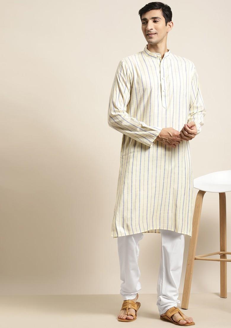 Yellow Striped Poly Blend Kurta Set For Men
