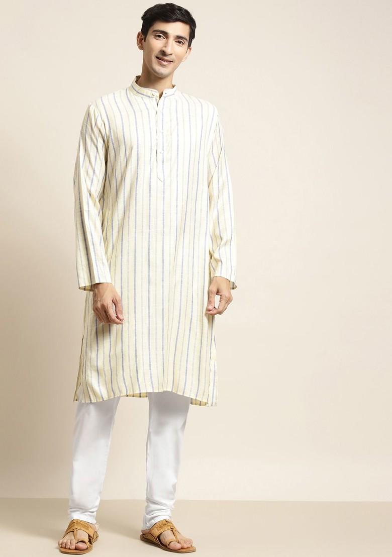 Yellow Striped Poly Blend Kurta Set For Men