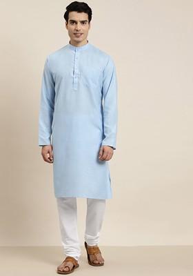 Blue Solid Cotton Kurta Set For Men