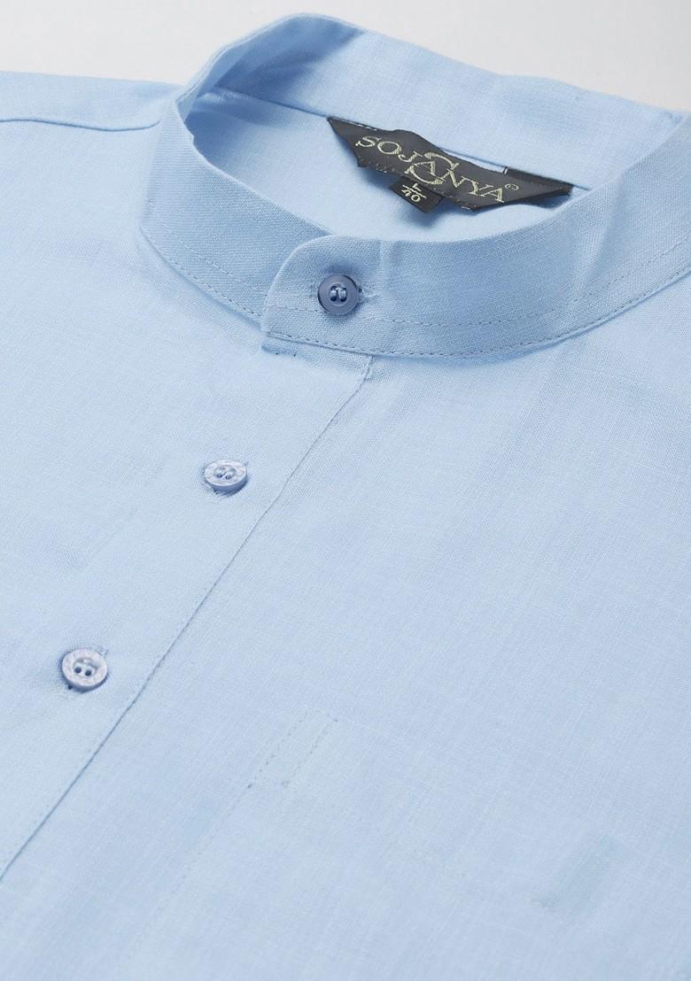 Blue Solid Cotton Kurta Set For Men