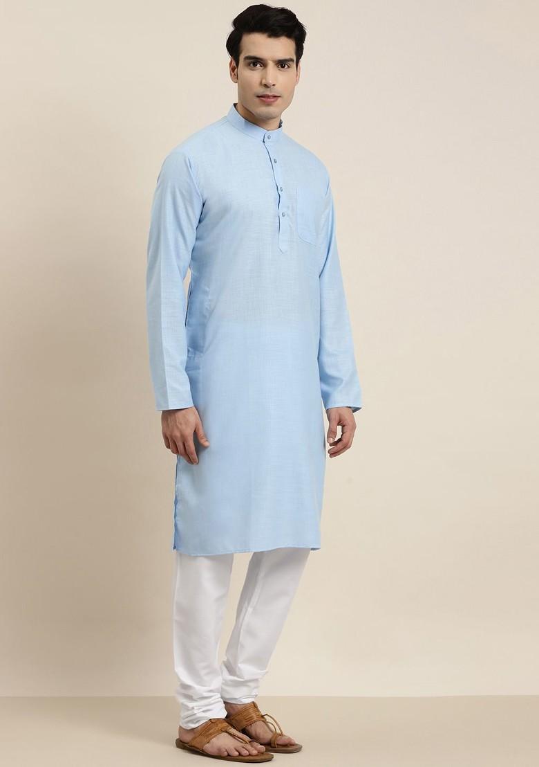 Blue Solid Cotton Kurta Set For Men
