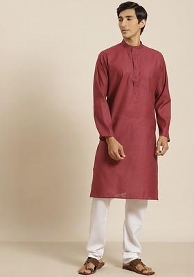 Maroon Striped Cotton Kurta Set For Men
