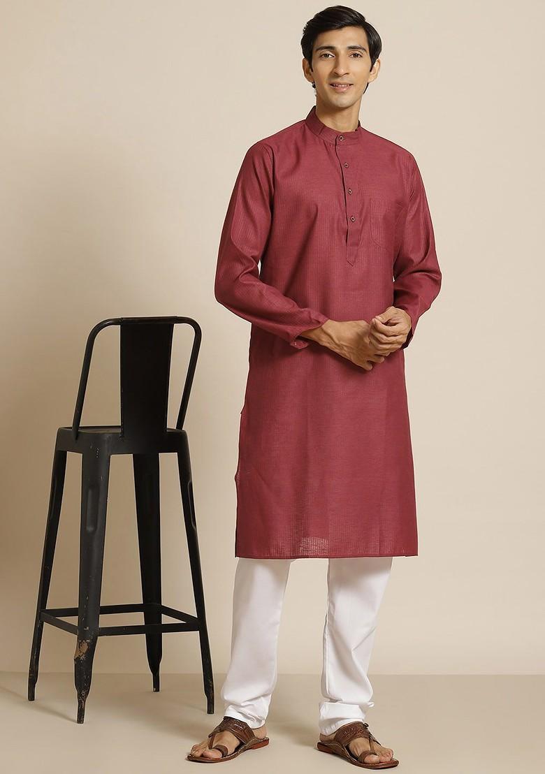 Maroon Striped Cotton Kurta Set For Men