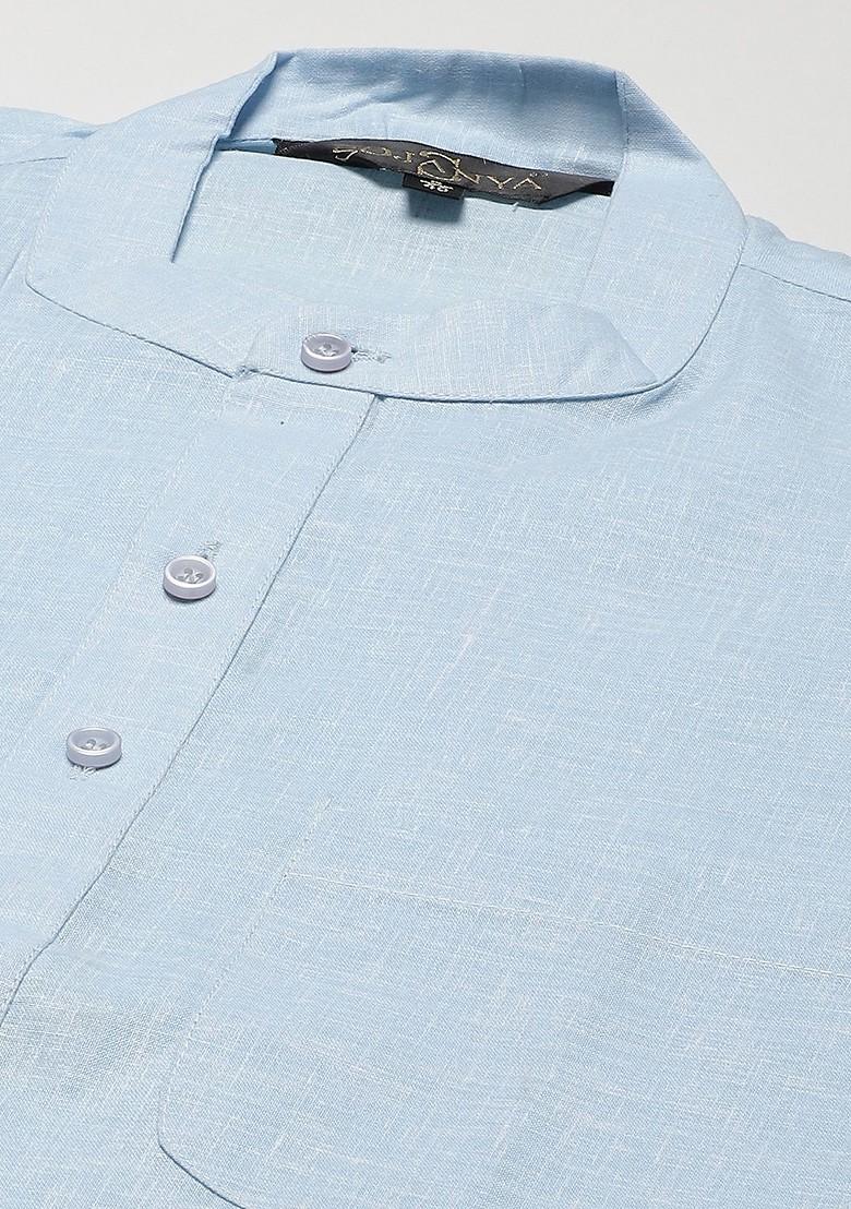 Blue Solid Poly Blend Kurta Set For Men