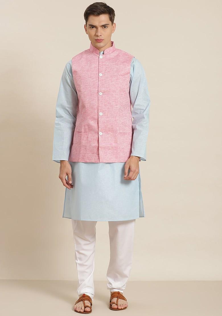 Blue Solid Poly Blend Kurta Set For Men